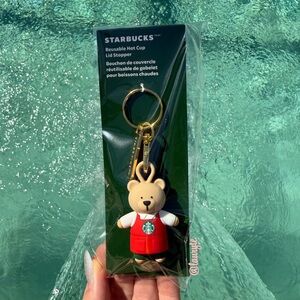 Starbucks 2025 Bearista Bear Red Apron Reusable Hot Cup Stopper Keychain